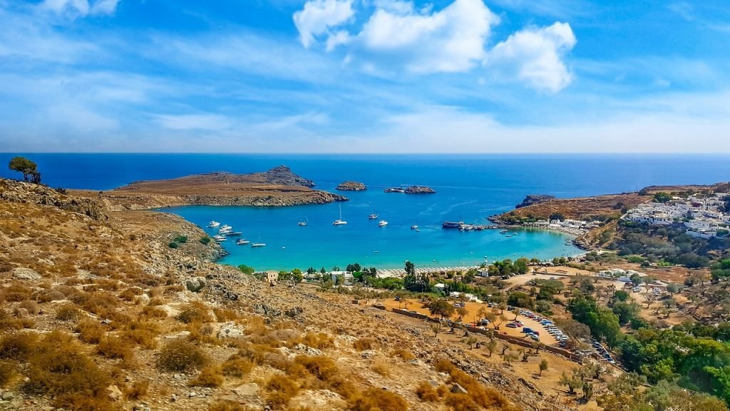 greece, greek, isle, blue sky, nature, island, beach, lindos, rhodes, rhodos, mediterranean, sea, tourism, vacation, blue, summer, sand, landscape, sky, destination, tourist, european, bay, harbor, natural, exterior, warm, coast, coastal, shoreline