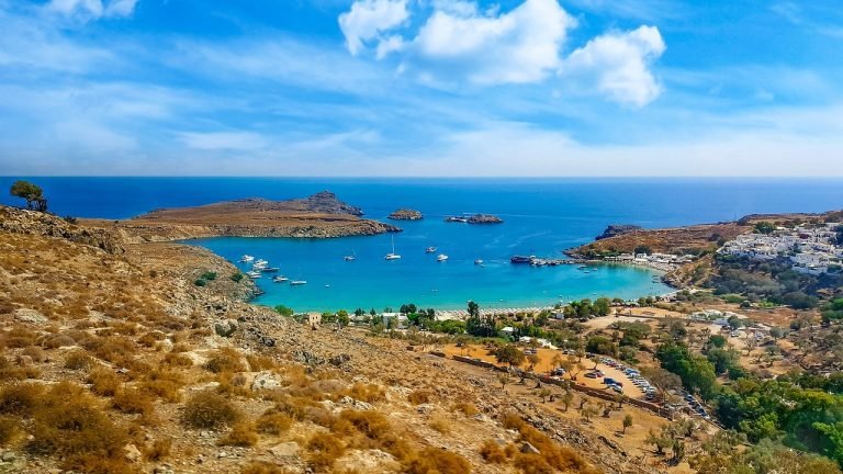greece, greek, isle, blue sky, nature, island, beach, lindos, rhodes, rhodos, mediterranean, sea, tourism, vacation, blue, summer, sand, landscape, sky, destination, tourist, european, bay, harbor, natural, exterior, warm, coast, coastal, shoreline
